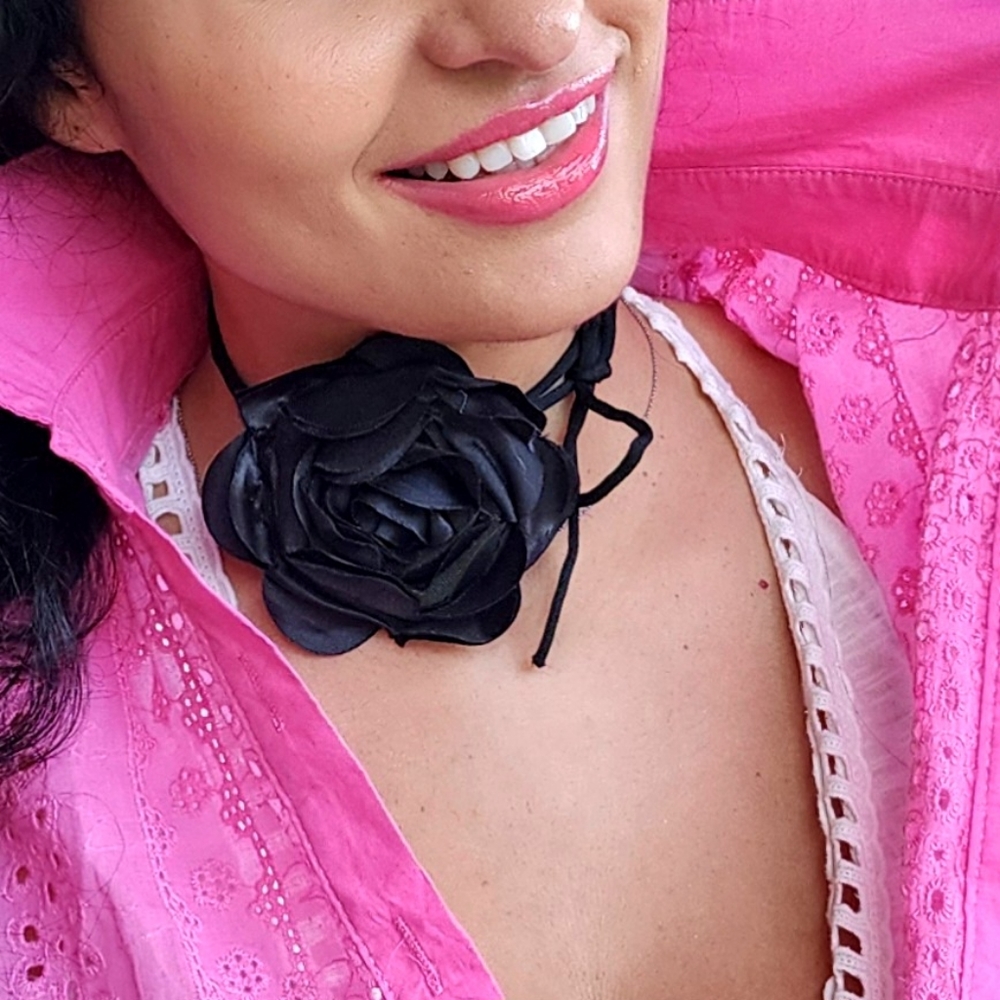 Flower Choker Black Rose Tie Brooch Clip Necklace Upcycled Co Black Rose